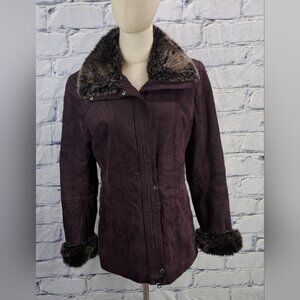 Danier Women's Leather Jacket Winter Coat with Fur Trim Purple Zip Cuffs Small
